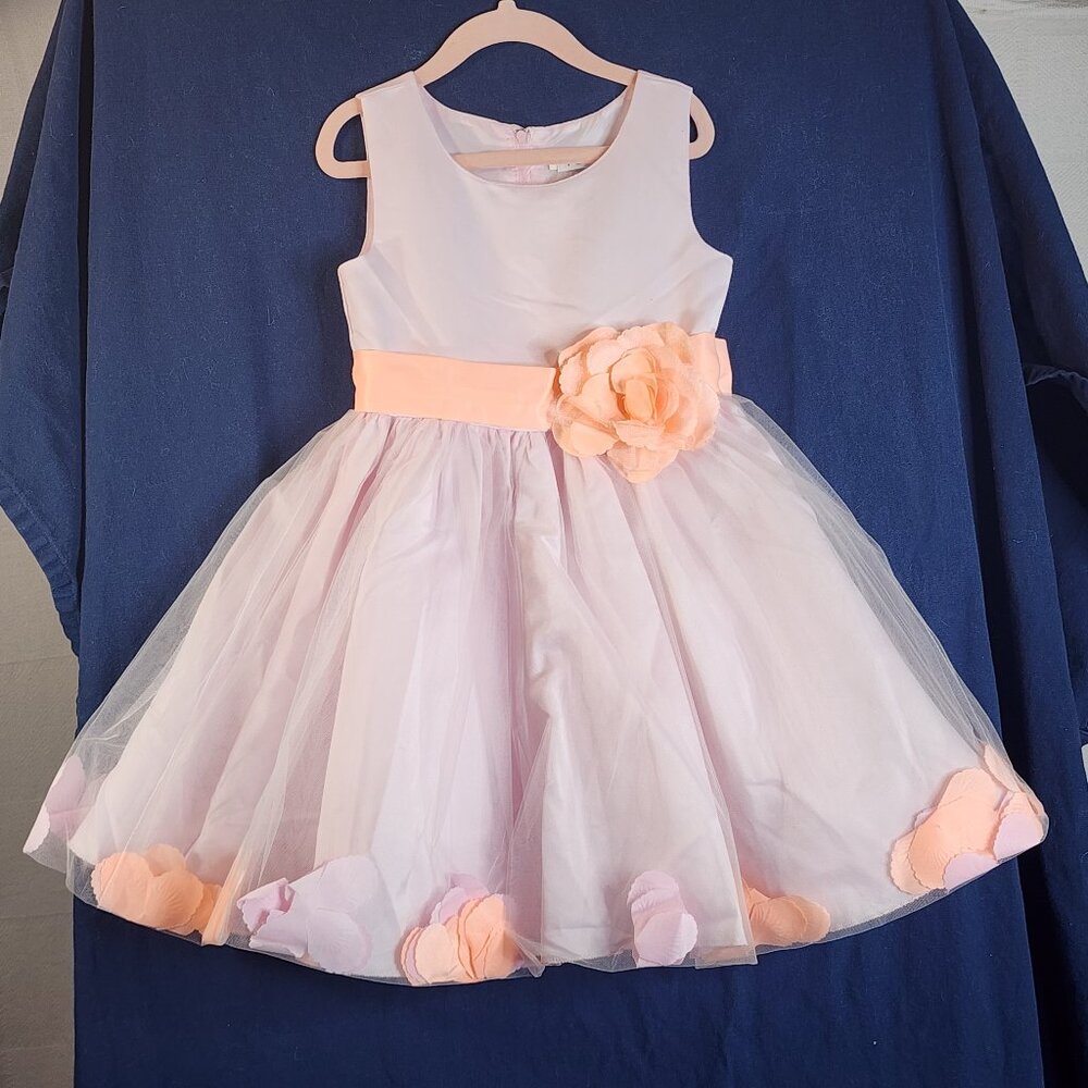 Iefiel Pink Toile with Peach Flower Applique Multi Layer Little Girls Dress Sz 4